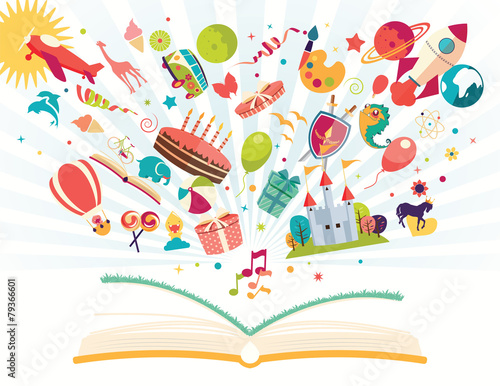 Imagination concept - open book with air balloon, rocket, airpla