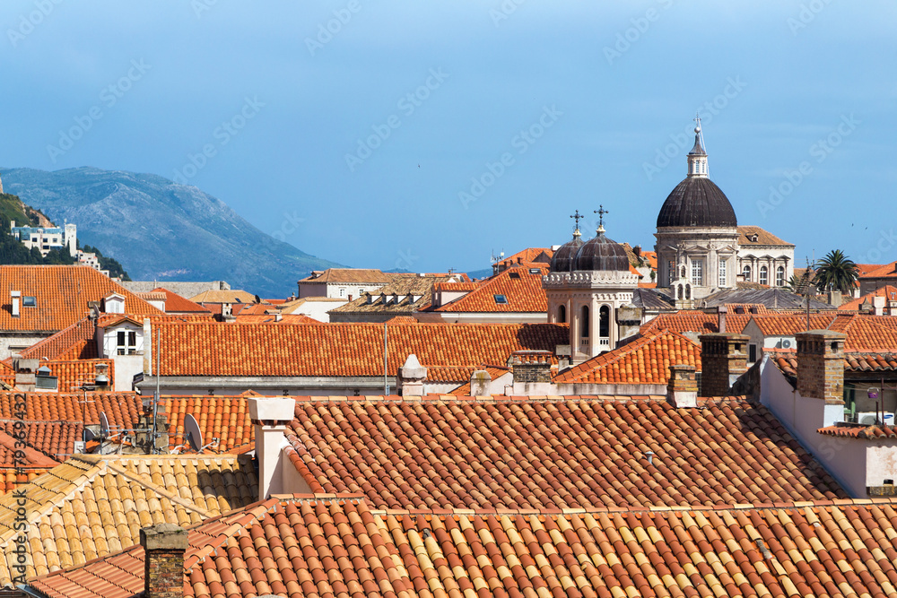 DUBROVNIK, CROATIA - MAY 26, 2014: View on Old city rooftops and church towers.