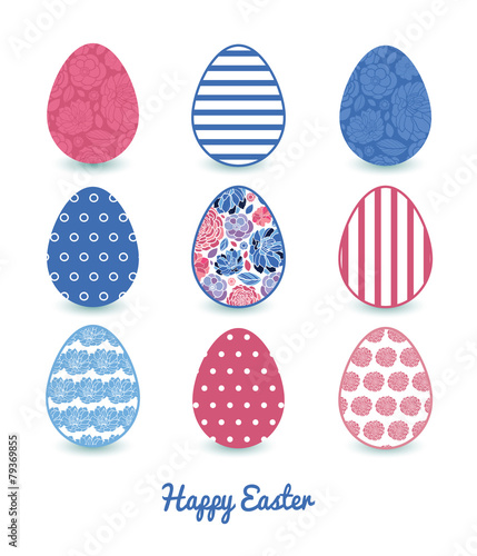 Vector mosaic flowers set of nine colorful Easter eggs card