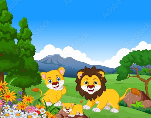 funny lion cartoon family in the jungle