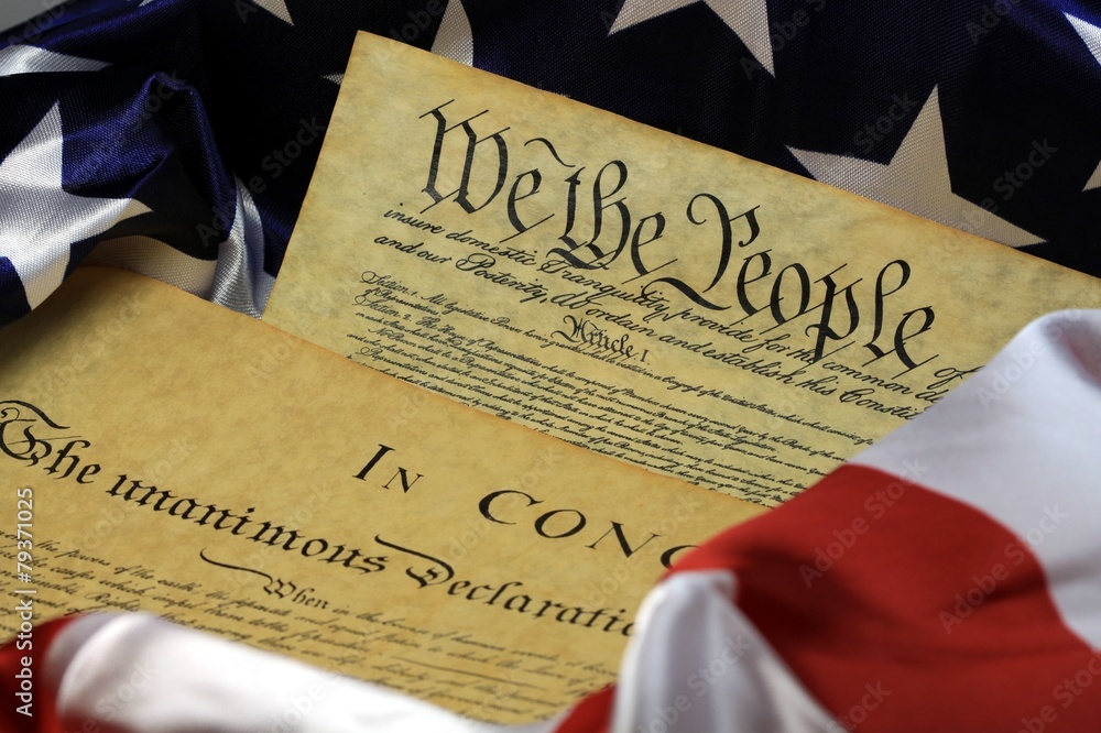 Fototapeta premium Historical Document US Constitution with America Flag