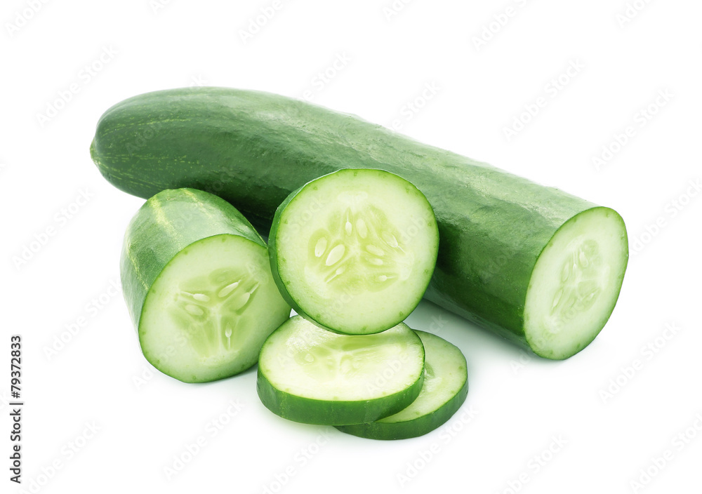 Cucumber and slices isolated over white background - obrazy, fototapety, plakaty 