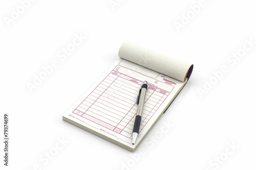Invoice book which open blank page with pen.