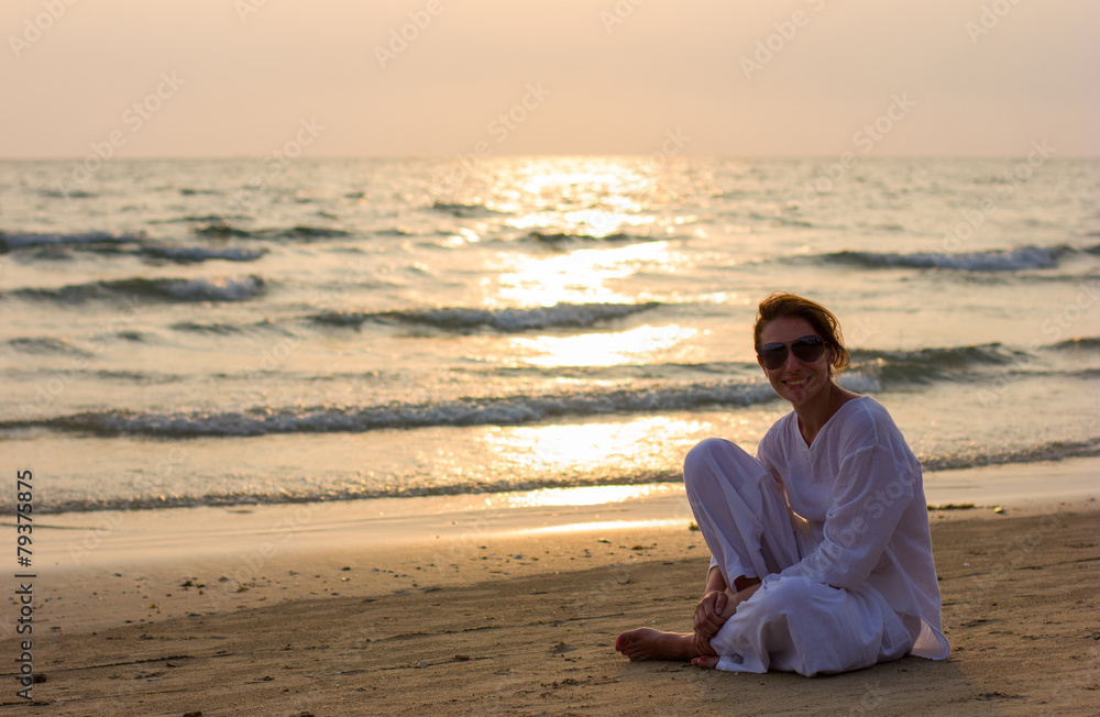 happy beautiful lady meeting  sunset at seashore