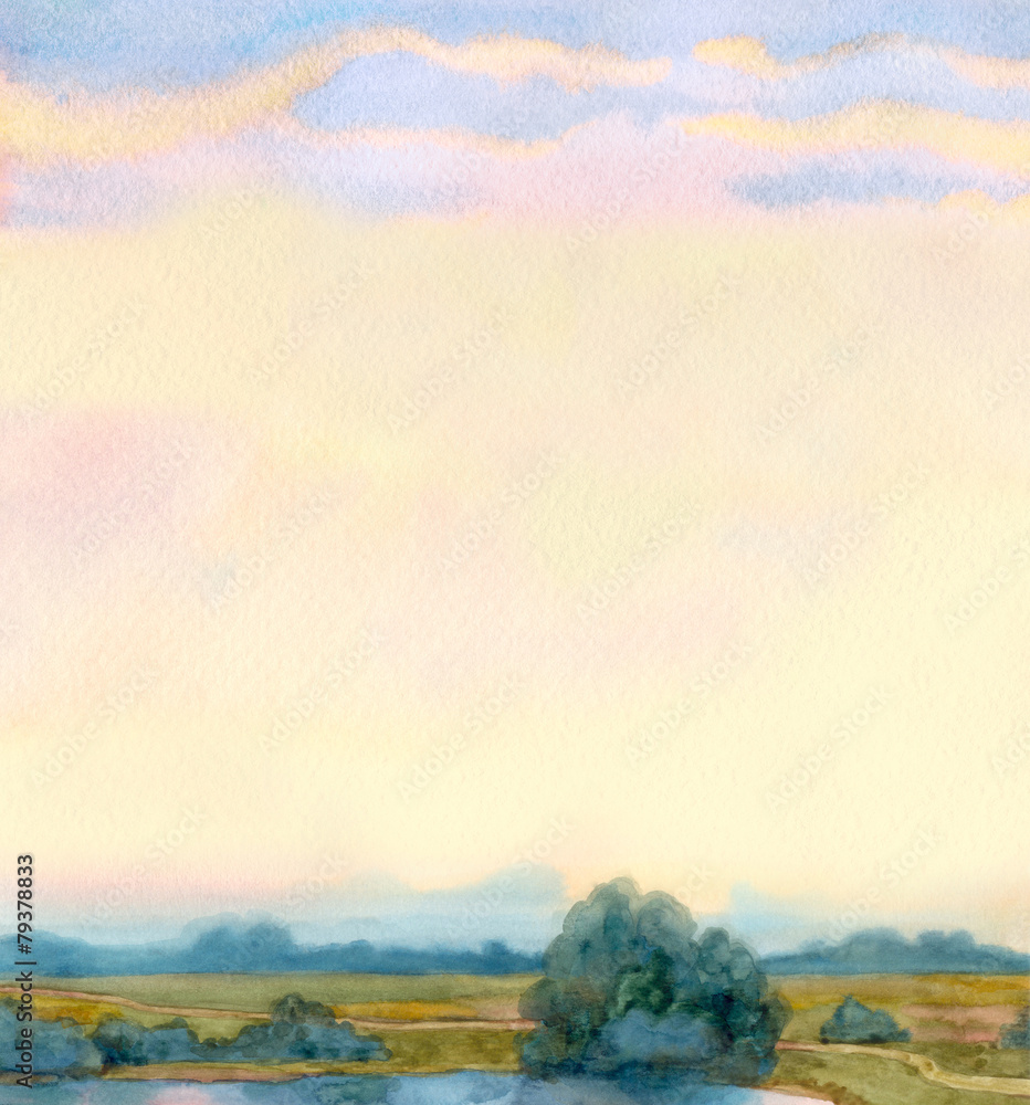 Naklejka premium Watercolor landscape background. Morning mist over the lake