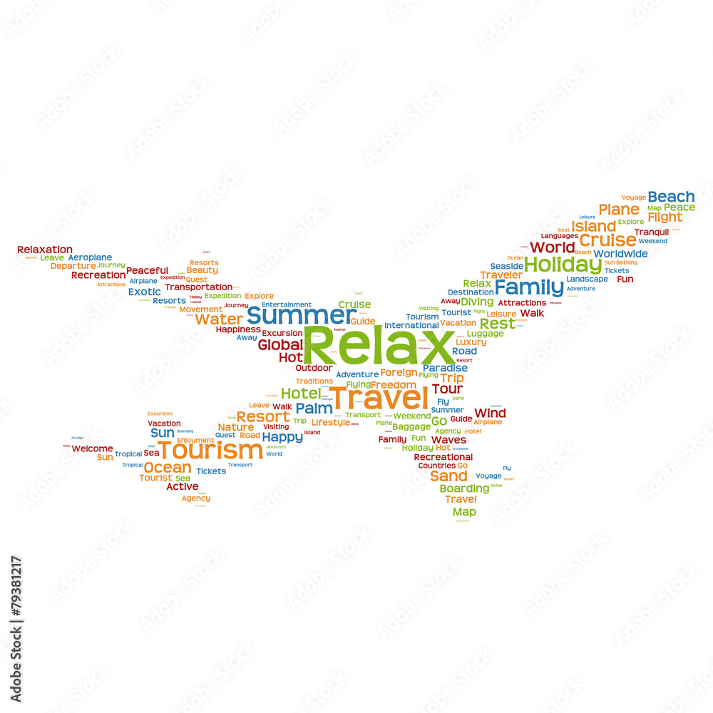 Vector conceptual relax travel or tourism plane word cloud