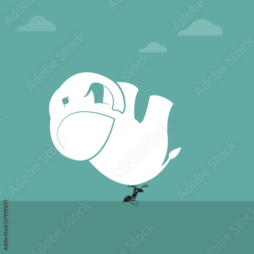 Vector image of ant lifting an elephant. Impossible concept