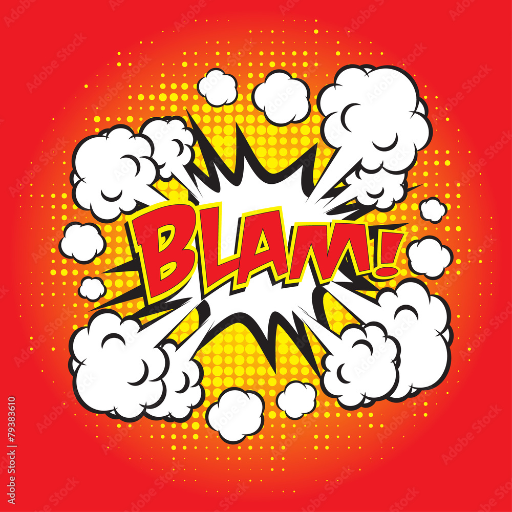 BLAM! wording in comic speech bubble in pop art style