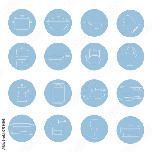 Kitchen tools and utencils icons outlined thin line style.