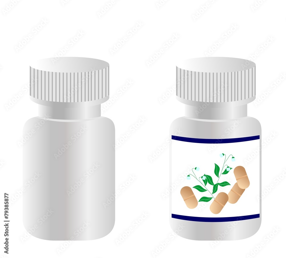 Two realistic bottles with tablets are isolated on white backgro