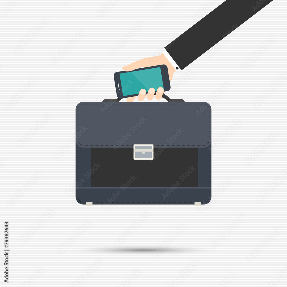 Briefcase and smartphone in a businessman's hand Briefcase and smartphone in a businessman's hand