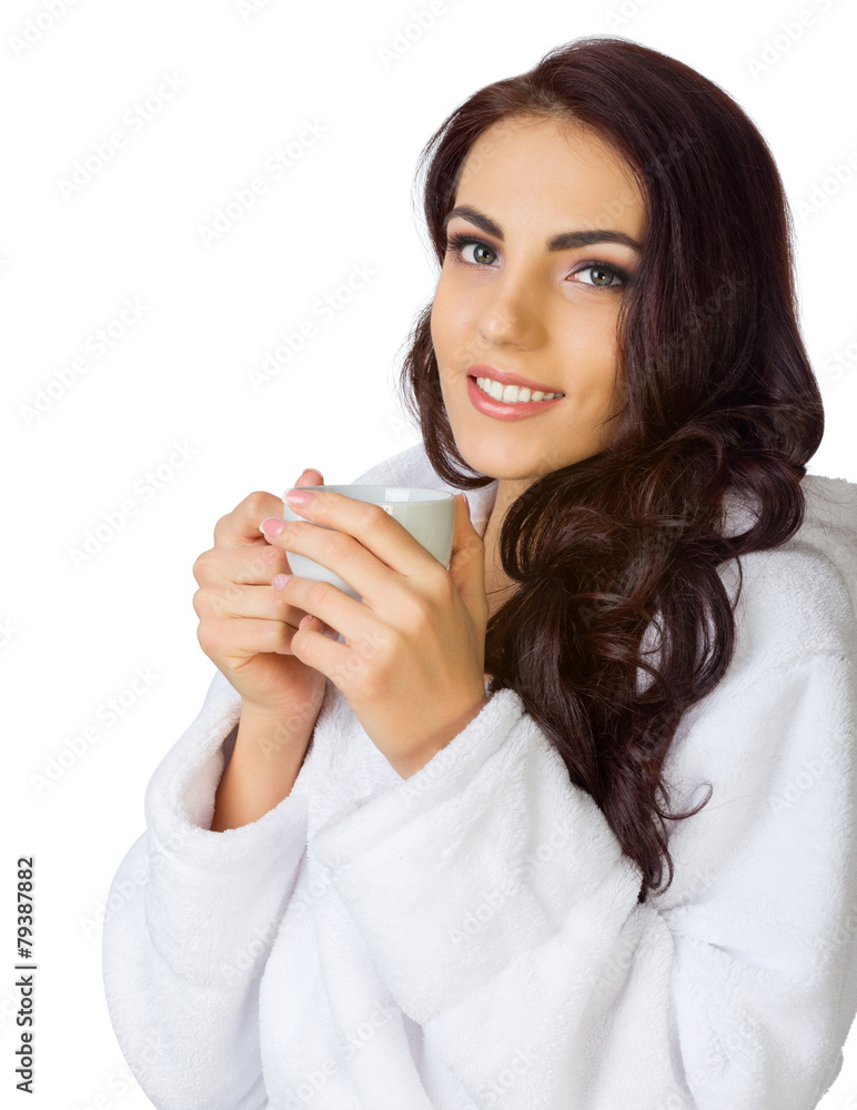 Young girl with bathrobe and cup Young girl with bathrobe and cup