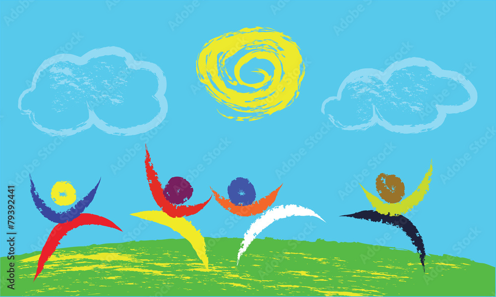 Fototapeta premium Funny dance under the summer sun. Abstract brush drawing - happy dancers in the meadow vector image