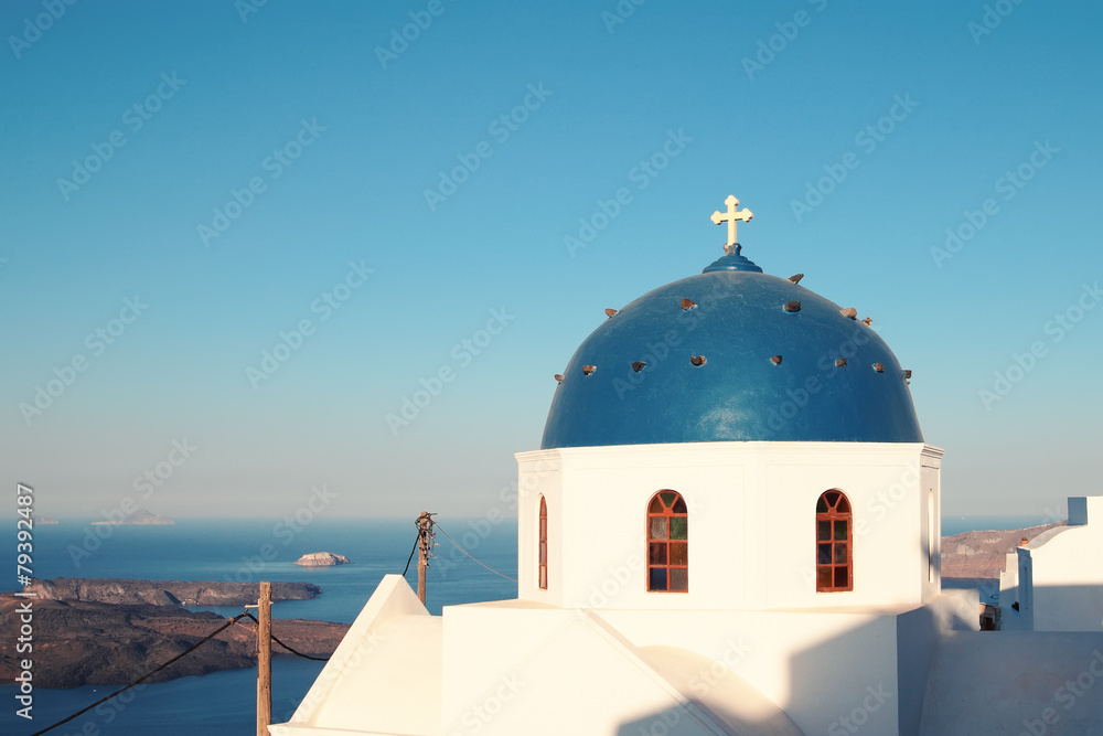 Santorini with church,white architecture and sea view in Greece,