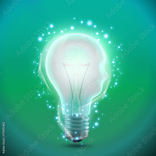 glowing bulb in the form of a silhouette head.