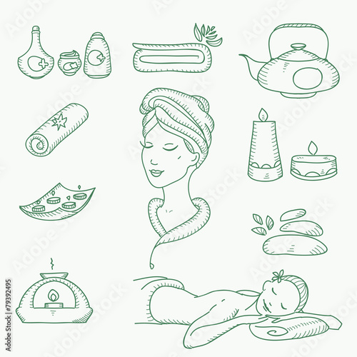 Spa doodle hand drawn sketch  icons set with  towels aroma