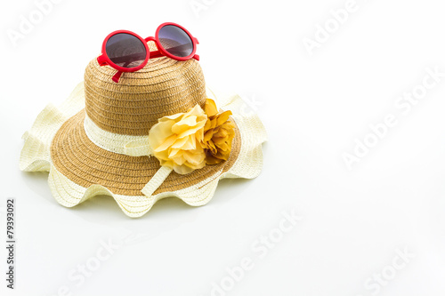 Woven hat, with red sunglasses.