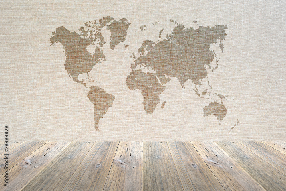 Wood terrace and Wallpaper interior with world map