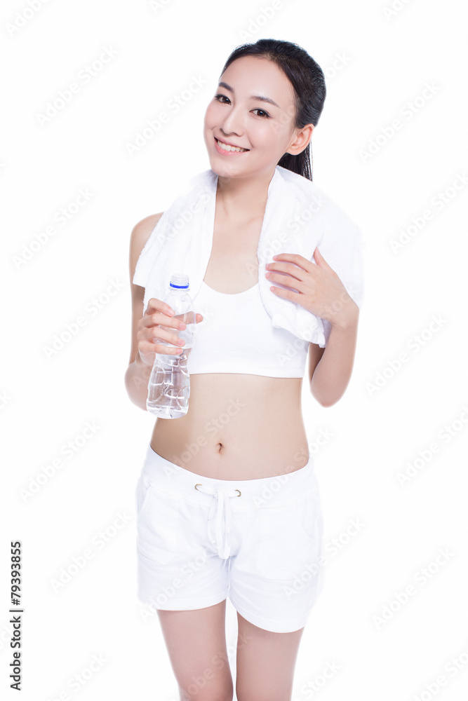 healthy asian woman with towel and water bottle healthy asian woman with towel and water bottle