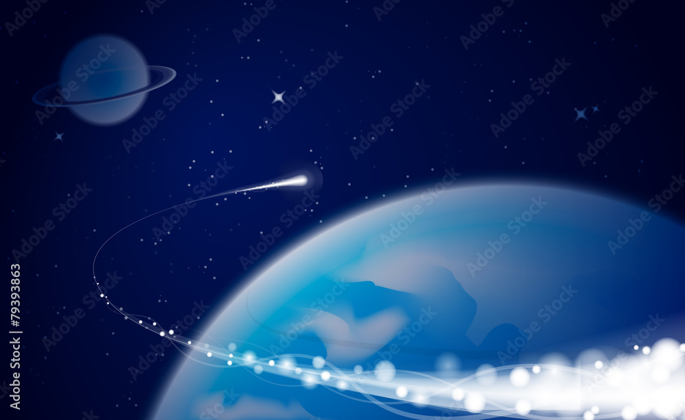 Vector abstract space background with comet and planet