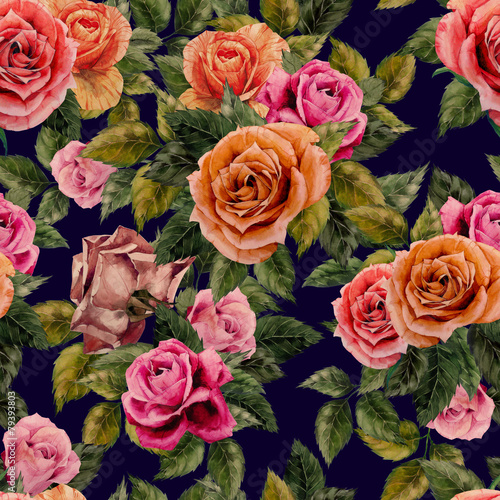 Seamless floral pattern with red  purple and pink roses on dark