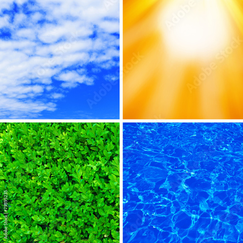 Water, plant, sky and sun in collage, nature components concept