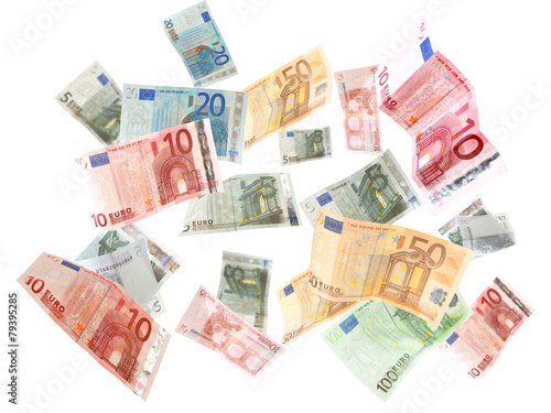 Flying Euro banknotes isolated on white