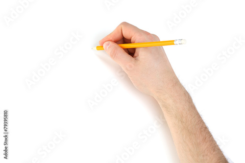 Male hand with pencil isolated on white