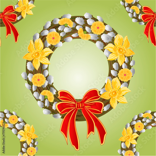 Seamless texture wreath with pussy willow and Daffodil vector