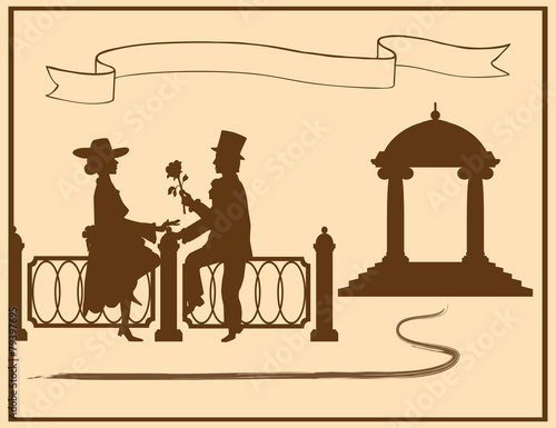 The young man gives a girl a flower, a gazebo in the distance.