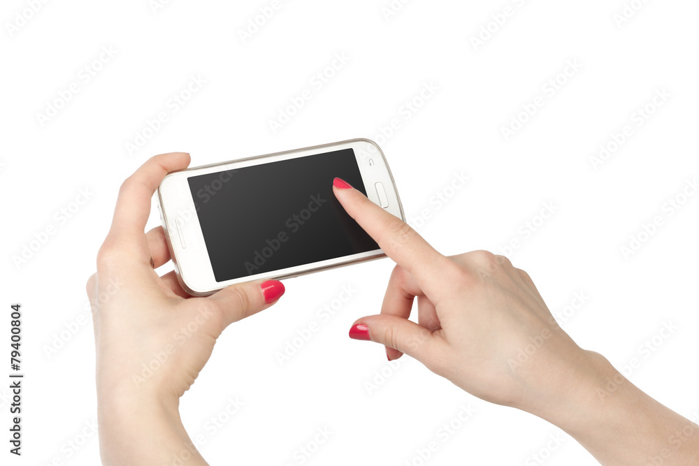 Woman showing white smartphone in hand. Isolated background Woman showing white smartphone in hand. Isolated background