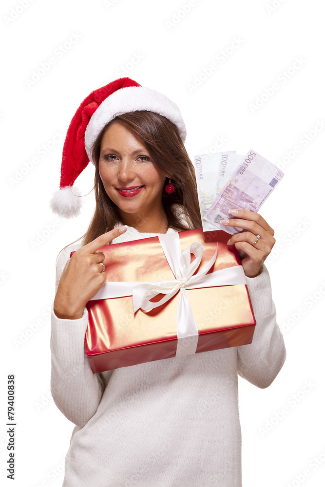 Young woman with an Xmas gift and money Young woman with an Xmas gift and money