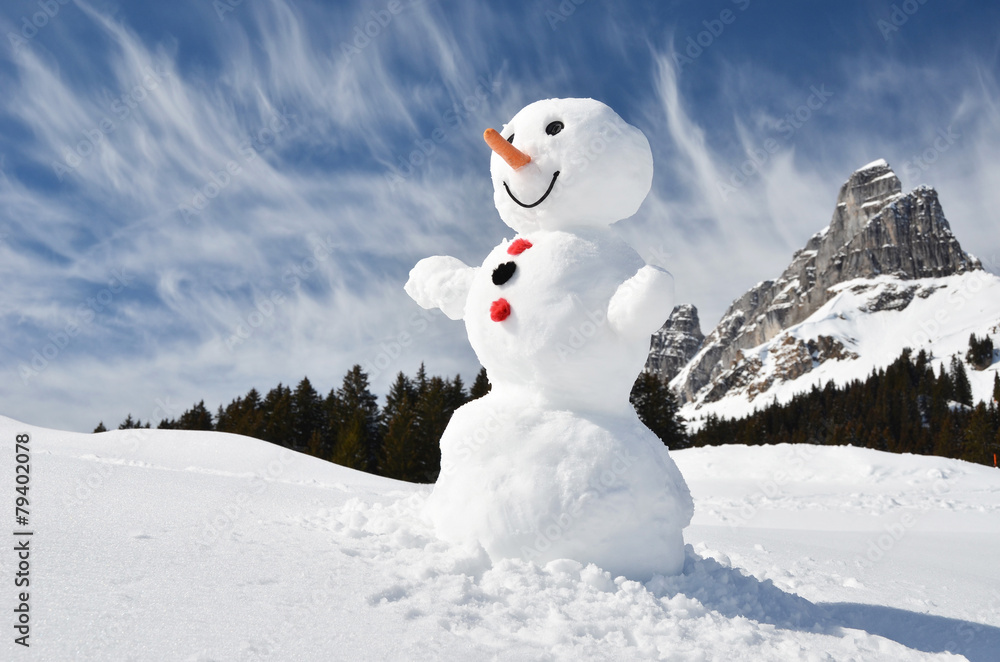 Funny snowman against Swiss Alps