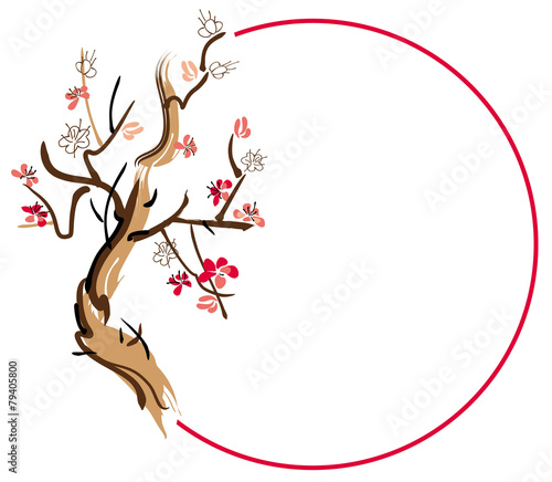 Round frame with ink-painted blooming plum-tree