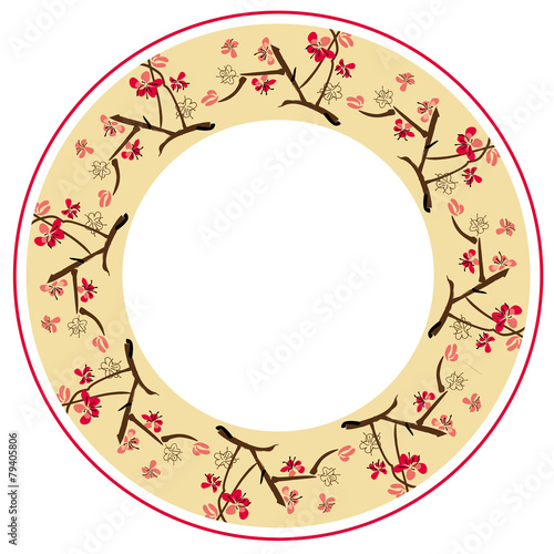 Round frame with ink-painted blooming plum-tree