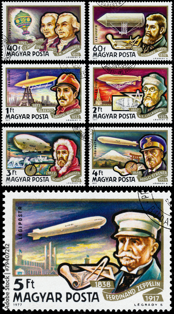 Stamp printed in Hungary shows History of Airships