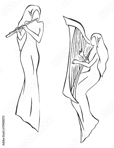 Elves minstrels with harp and flute (Black and white)