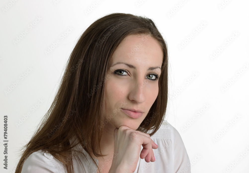 Seriouse Woman is Thinking About Something -Isolated on White Ba Seriouse Woman is Thinking About Something -Isolated on White Ba