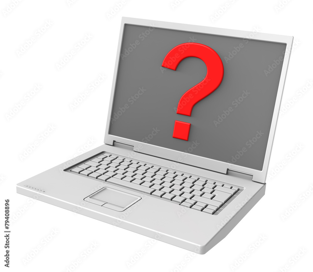 Laptop with question mark on the screen isolated on white. Laptop with question mark on the screen isolated on white.