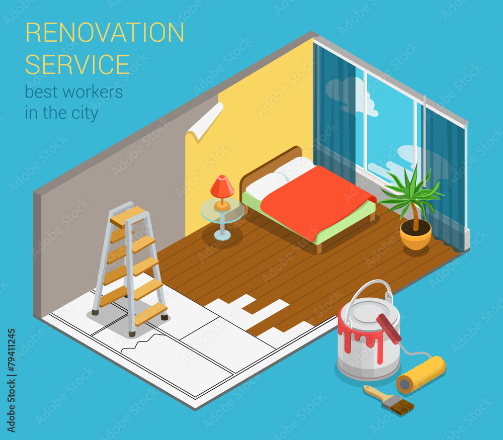 Home renovation service business flat 3d isometric web template