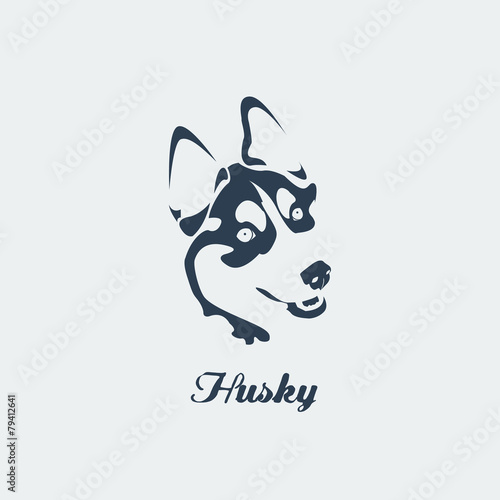 Vector siberian husky. Blue silhouette card.