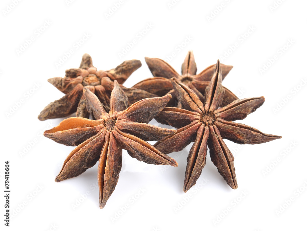 Star anise spice fruits and seeds isolated on white background Star anise spice fruits and seeds isolated on white background