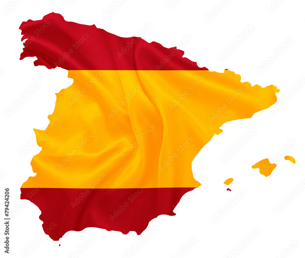 Fototapeta premium Spain - Waving national flag on map contour with silk texture