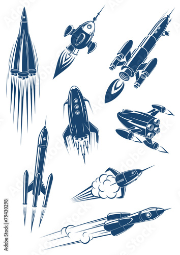 Cartoon spaceships and rockets in space