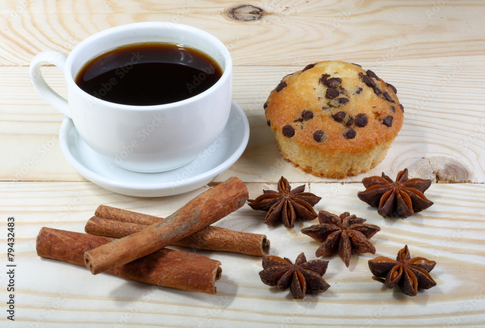 Breakfast Coffee cup, cinnamon, anise and cake Breakfast Coffee cup, cinnamon, anise and cake