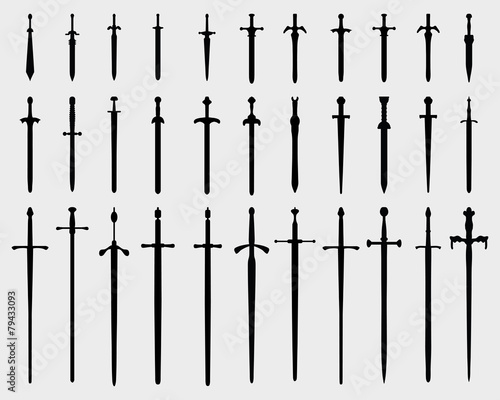 Black silhouettes of swords on a white background, vector