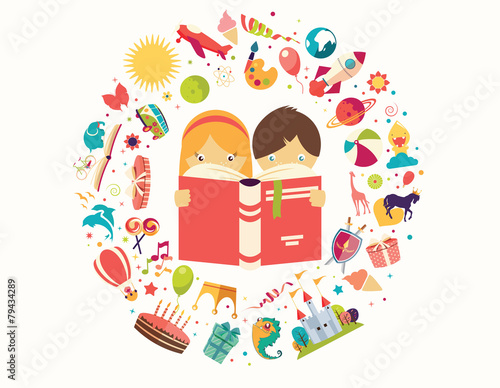 Imagination concept, boy and girl reading a book objects flying