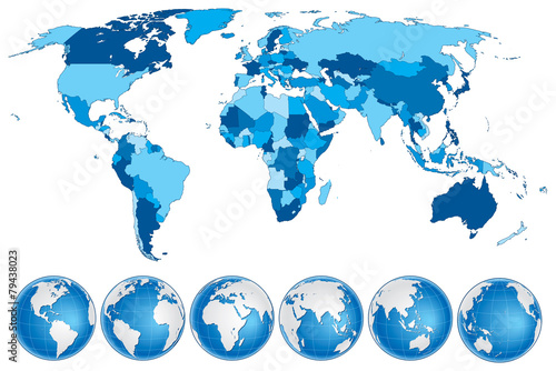 World map blue with countries and globes