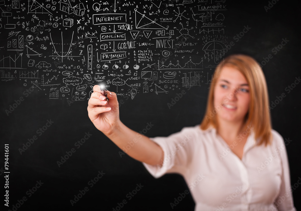 Young woman sketching and calculating thoughts Young woman sketching and calculating thoughts