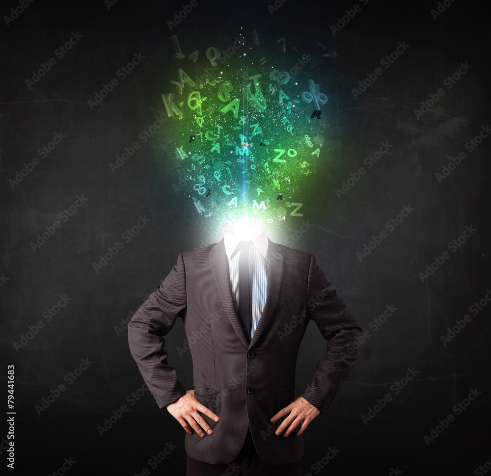 Business man with abstract glowing letters on head Business man with abstract glowing letters on head
